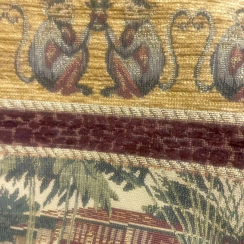 Vintage Chenille Monkeys & Elephants Heavy Tapestry Fabric in Green & Brown